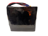 Black battery pack with visible cables on a white background